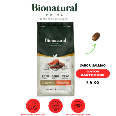 RAÇÃO BIONATURAL PRIME GATOS CASTRADOS 7,5KG SALMÃO, MARACUJÁ, CRANBERRY E CHIA em Oferta na Shopee