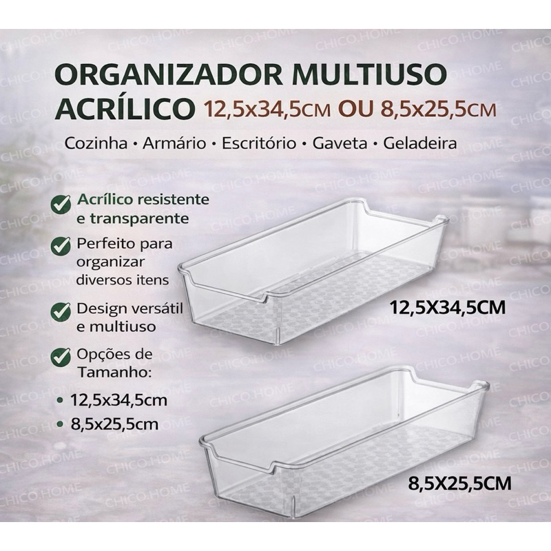 ORGANIZADOR MULTIUSO ACRILICO 12,5X34,5CM OU 8,5X25,5 COZINHA ARMARIO ESCRITORIO GAVETA GELADEIRA TRANSPARENTE