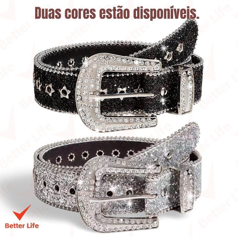 Cinto de couro com tachas brilhantes estilo cowgirl para calças jeans, com strass e fivela prateada estilo western-BT em Oferta na Shopee