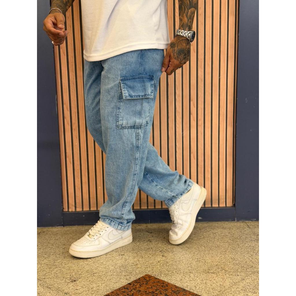 Calça Masculina Cargo Jeans Claro Cos Elástico Cordão Skatista