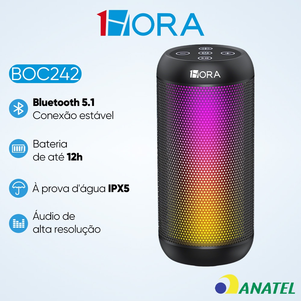 Caixa de Som Bluetooth 1Hora BOC242 Subwoofer Alto-falante Sem Fio Portátil com RGB, Carregamento Tipo C