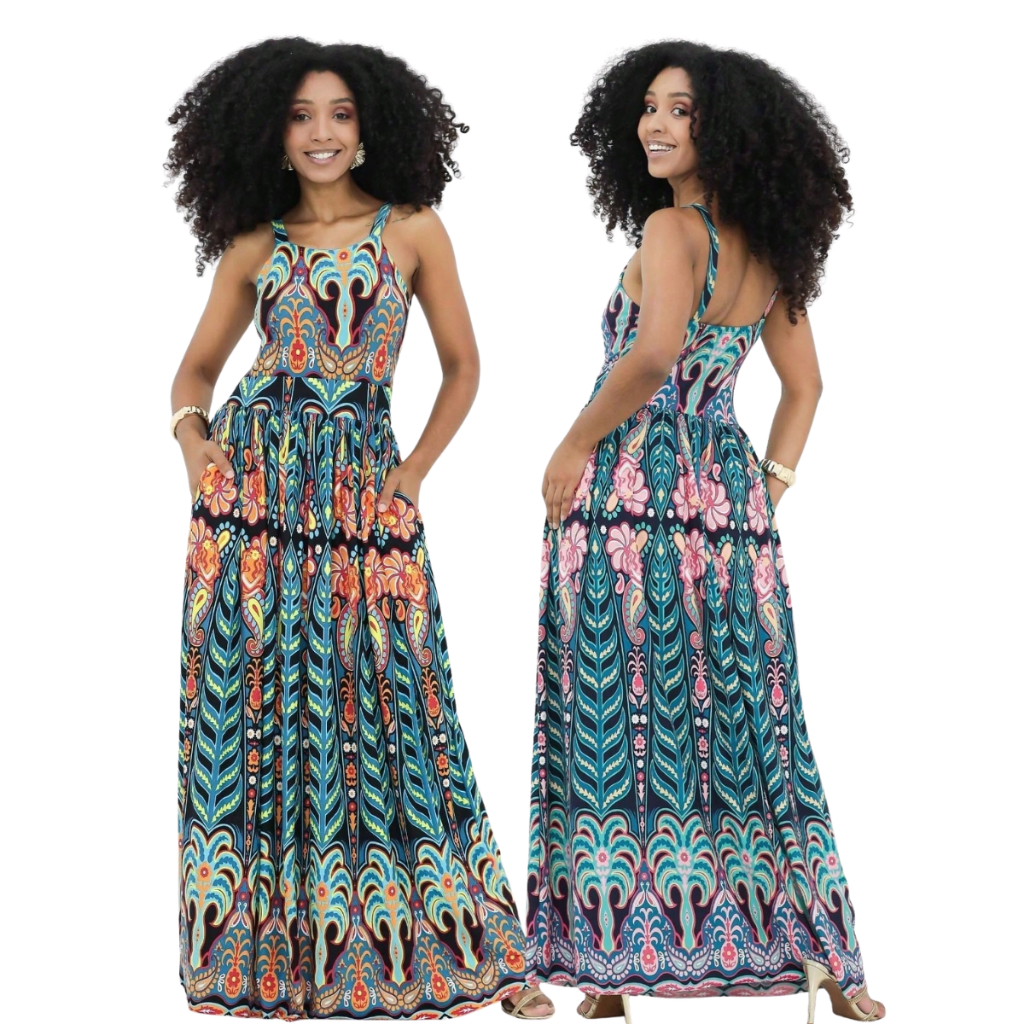 Vestido Feminino Longo com Bolso Tropical Estampado Elegante Solto Confortável
