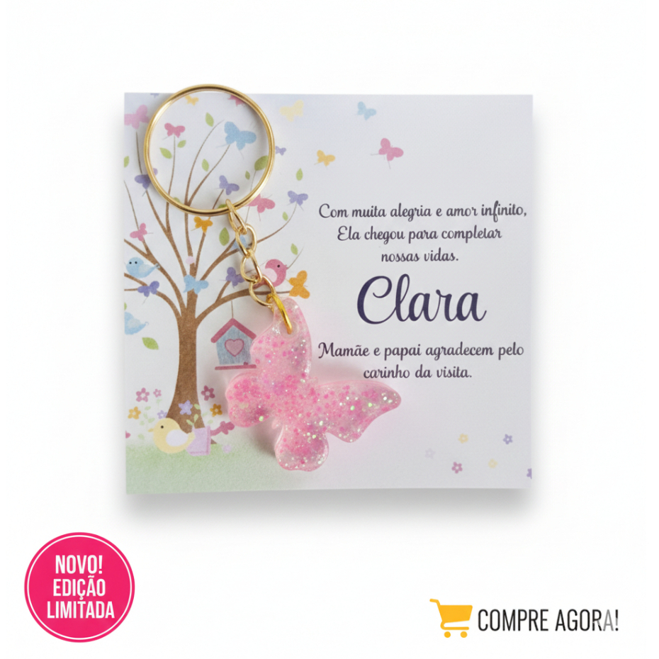 KIT50/70/100 LEMBRANCINHAS–CHAVEIRO BORBOLETA/CORAÇÃO RESINA + CARD PERSONALIZADO/SAÍDA MATERNIDADE/NASCIMENTO/ KIT LUXO
