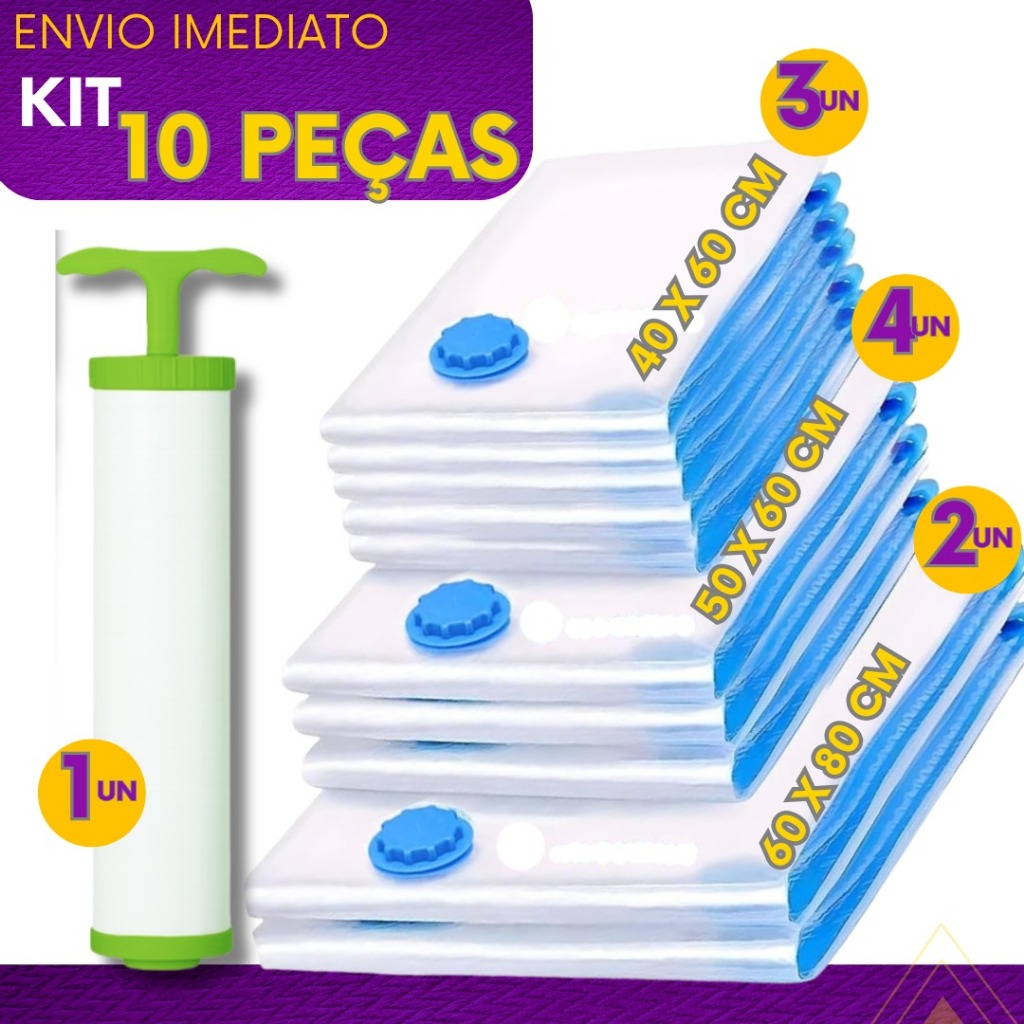 Kit 9 Saco A Vácuo Bomba Manual Organizador Viagem Mala Casa Roupa Coberta Edredom Reutilizável