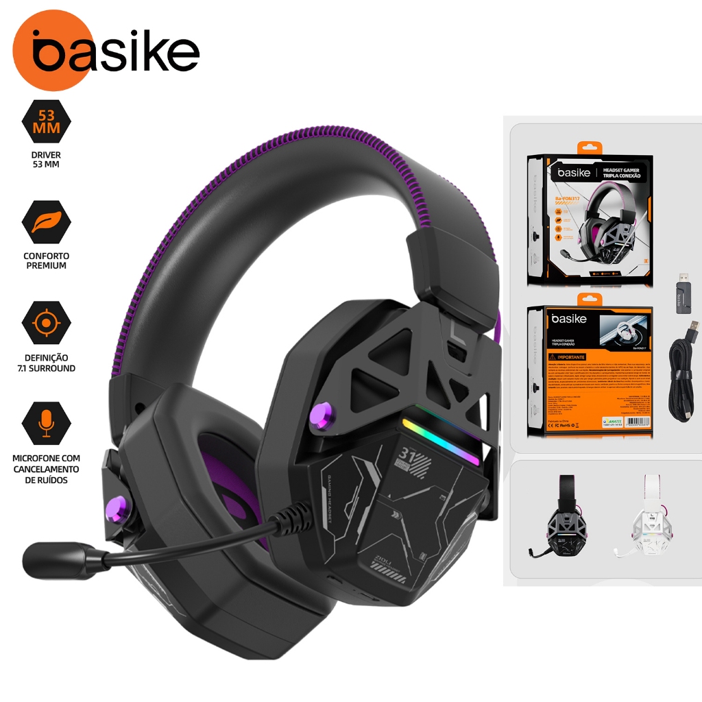 Basike Fone De Ouvido Headset Gamer com Fio Profissional Preto Led Rgb PC USB P2/P3 XBOX PS4 Vídeogame