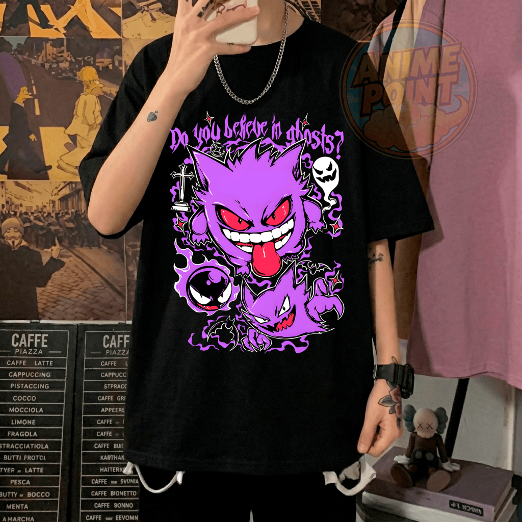 Camiseta Oversized Pokemon Gengar Gastly Haunter 100% Algodão Camisa Estampada Confortável Anime