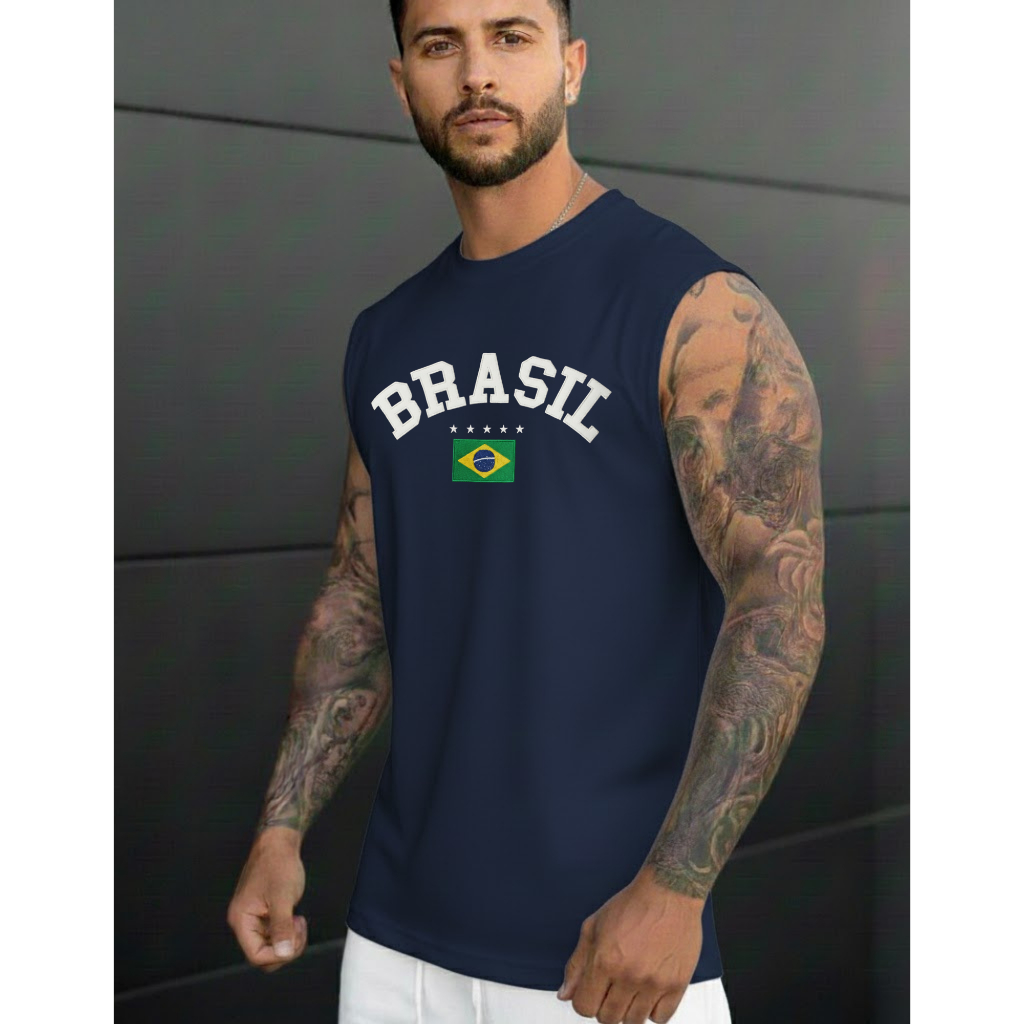 Camiseta Regata Oversized Algodão Brasil Copa do Mundo Branca Preta Azu