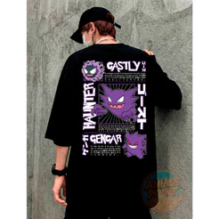 Camiseta Gengar Pokemon Oversized 100% Algodão Estampada Camisa Haunter Gastly Desenho Anime Y2K