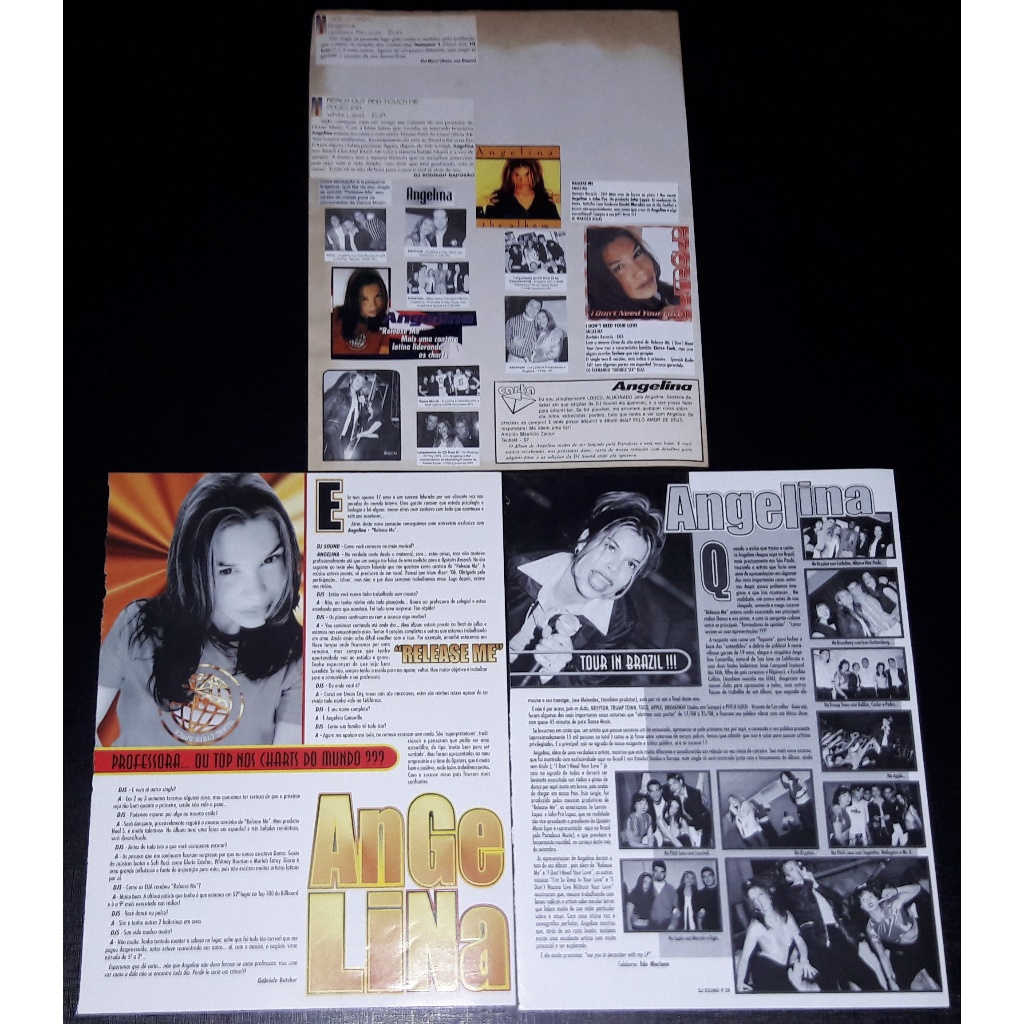 Angelina Coleção de Páginas e Recortes Lote 3 Folhas Revista DJ Sound Raro Anos 90 Dance Music