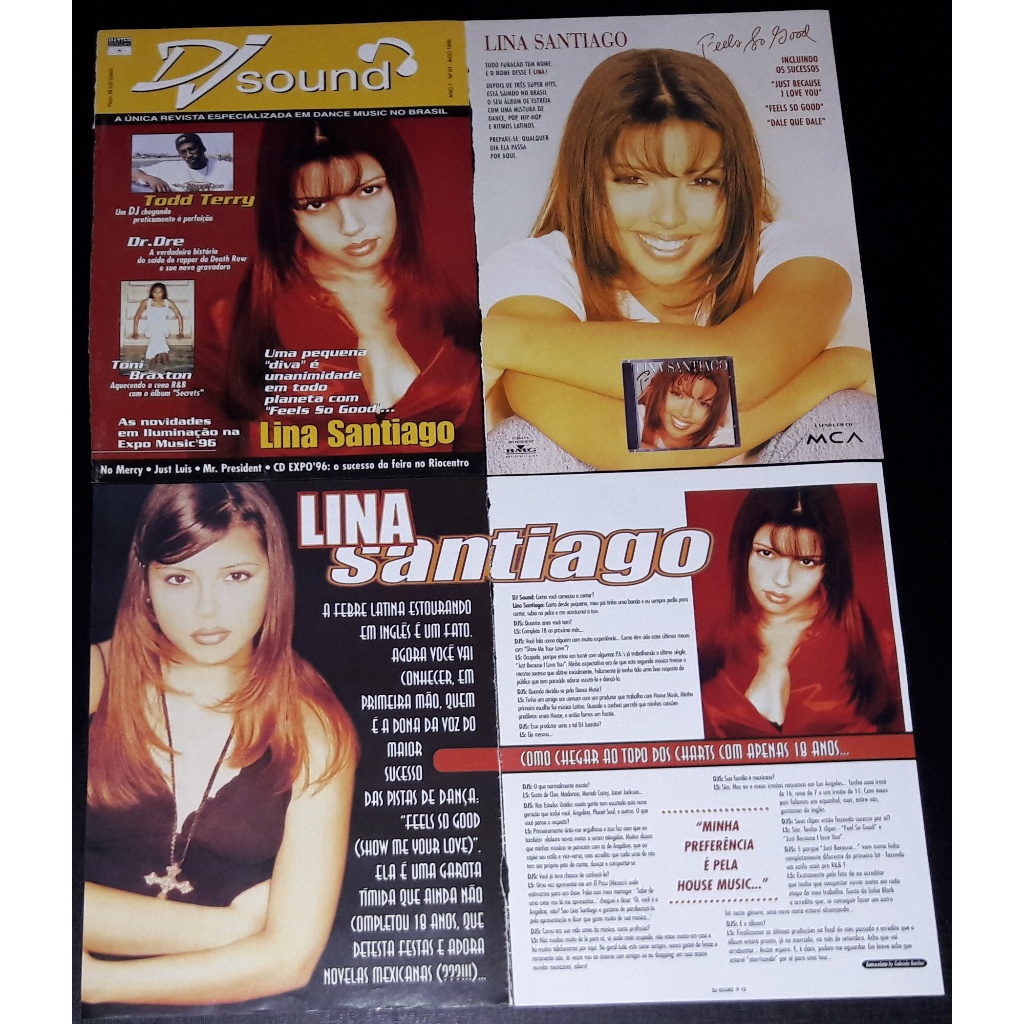 Lina Santiago Coleção de Páginas e Recortes Lote 6 Folhas Revista DJ Sound Raro Anos 90 Dance Music