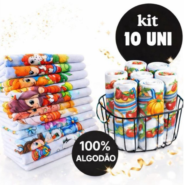 Kit 10 Panos de Prato Estampados Pé  Galinha Legítimo 100% Algodão Super Absorvente Cozinha Louça em Oferta na Shopee