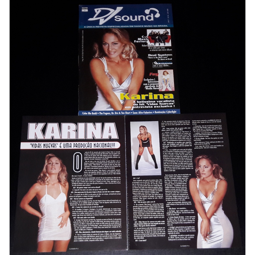 Karina Coleção de Páginas e Recortes Lote 5 Folhas Revista DJ Sound Raro Anos 90 Dance Music Cantora Argentina