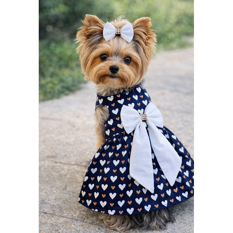 Vestido Pet Azul Marinho Coracão/ Roupa Pet  Verão Tricoline Premium / Cães e Gatos