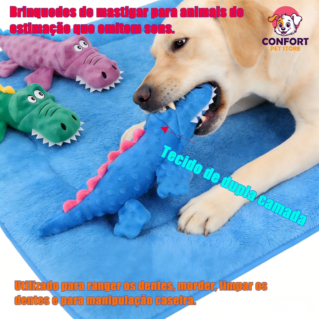 Crocodilo de pelúcia, um brinquedo mastigável e com apito, adequado para cães e gatos, que também evita danos à casa