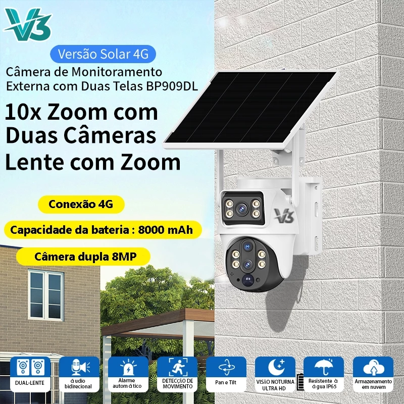 V3 BP9 Camera de Segurança Sem Fio 4K 8MP com Placa Solar Pois 10X Zoom Prova D'agua Support 4G CCTV