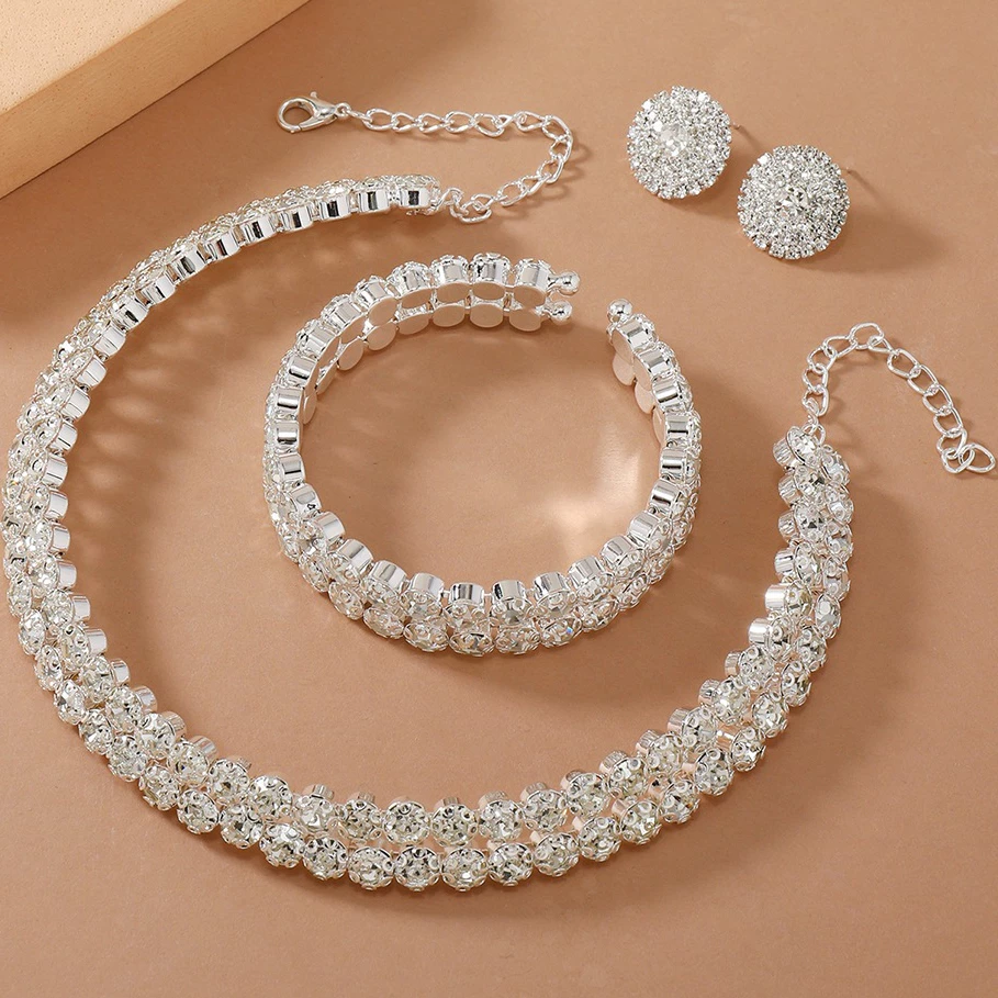 Conjunto De Joias De Noiva Para Mulheres , Colar De Strass , Brincos , Pulseira Elástica , Acessórios De Casam — imagem 1