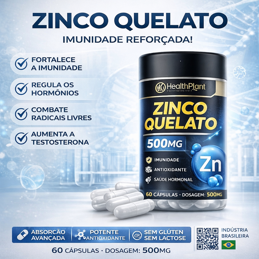 Zinco Quelato 500mg - 60 Cápsulas - Imunidade, Energia e Saúde Masculina e Feminina