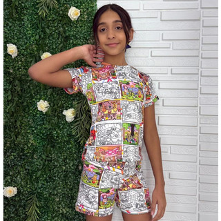 Pijama Para Dormir Camisa + Shortinho + Canetinha Suede Moda Intantil Menina e Menino Para Colorir