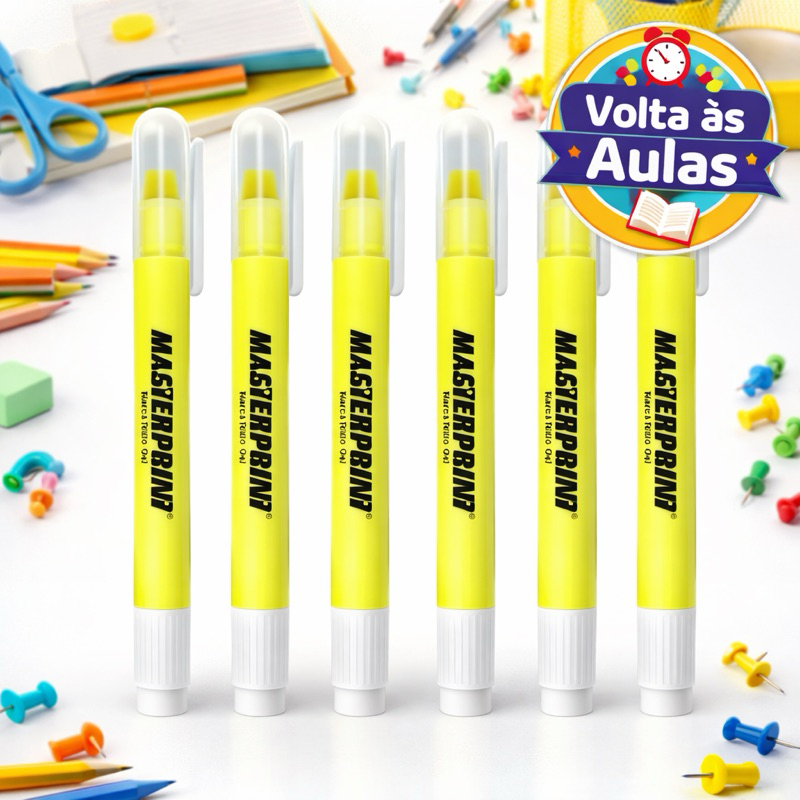 2, 6 ou 12 Unidades Caneta Marca Texto em Gel Masterprint Amarelo MP613 Textos Traços Grossos