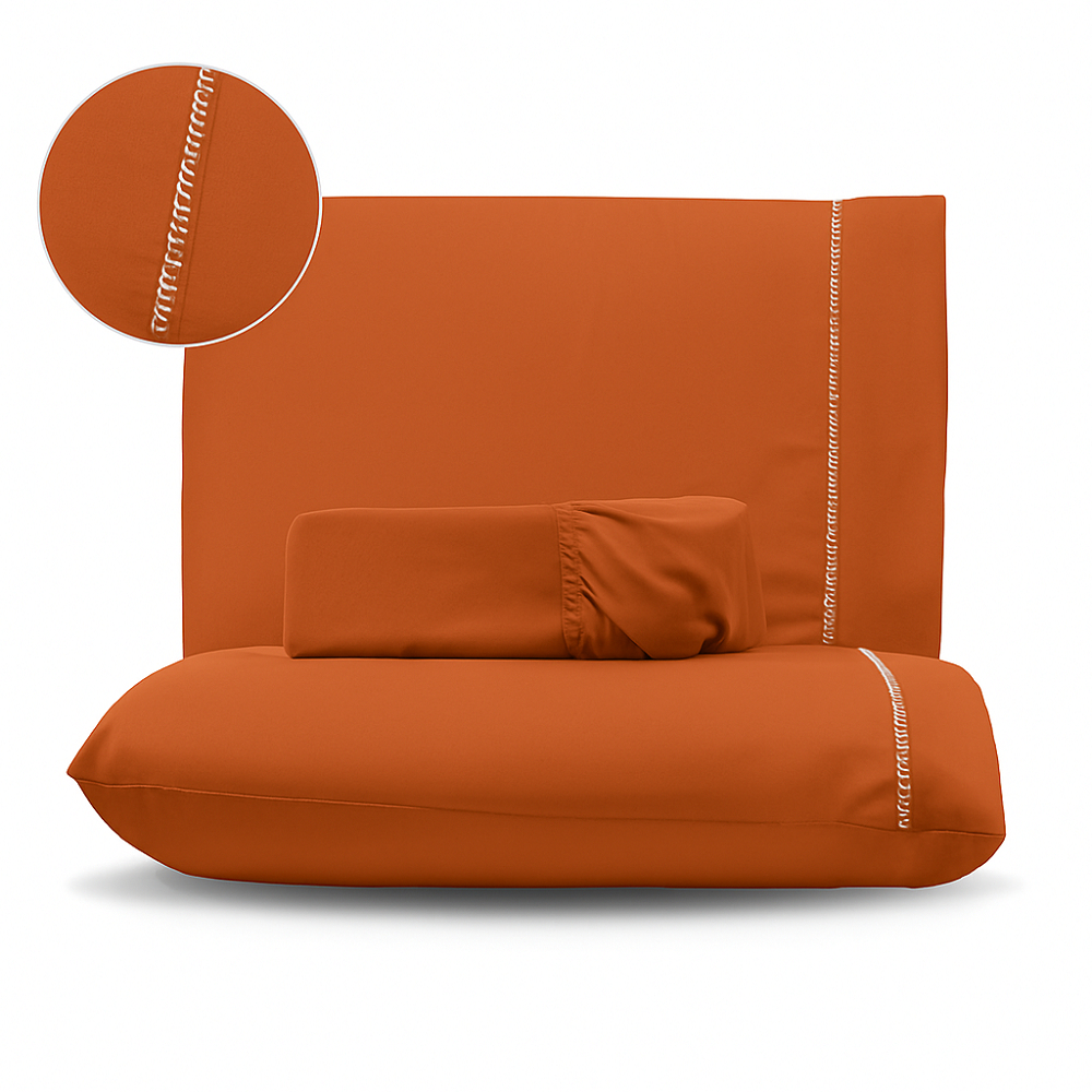 Kit Lençol Com Elástico Jogo de Cama 03 Peças Percal 400 Fios Com Ponto Palito nas Fronhas