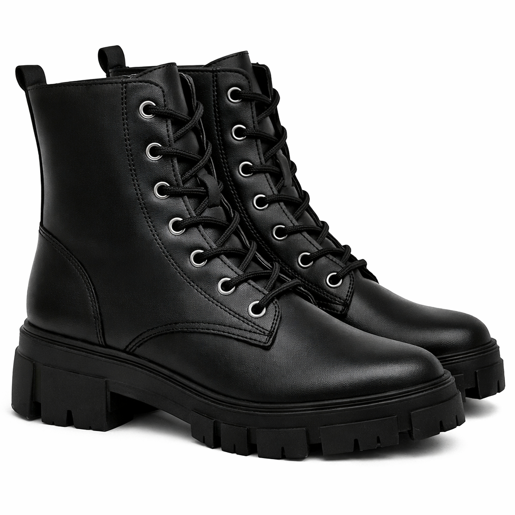 Bota Coturno Feminina Tratorada Preta Cano Médio Confortável