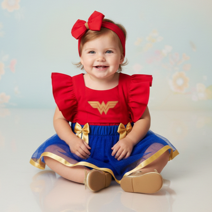Jardineira Salopete Romper Body Infantil Roupa Mulher Maravilha Menina Mesversário Festa Fantasia