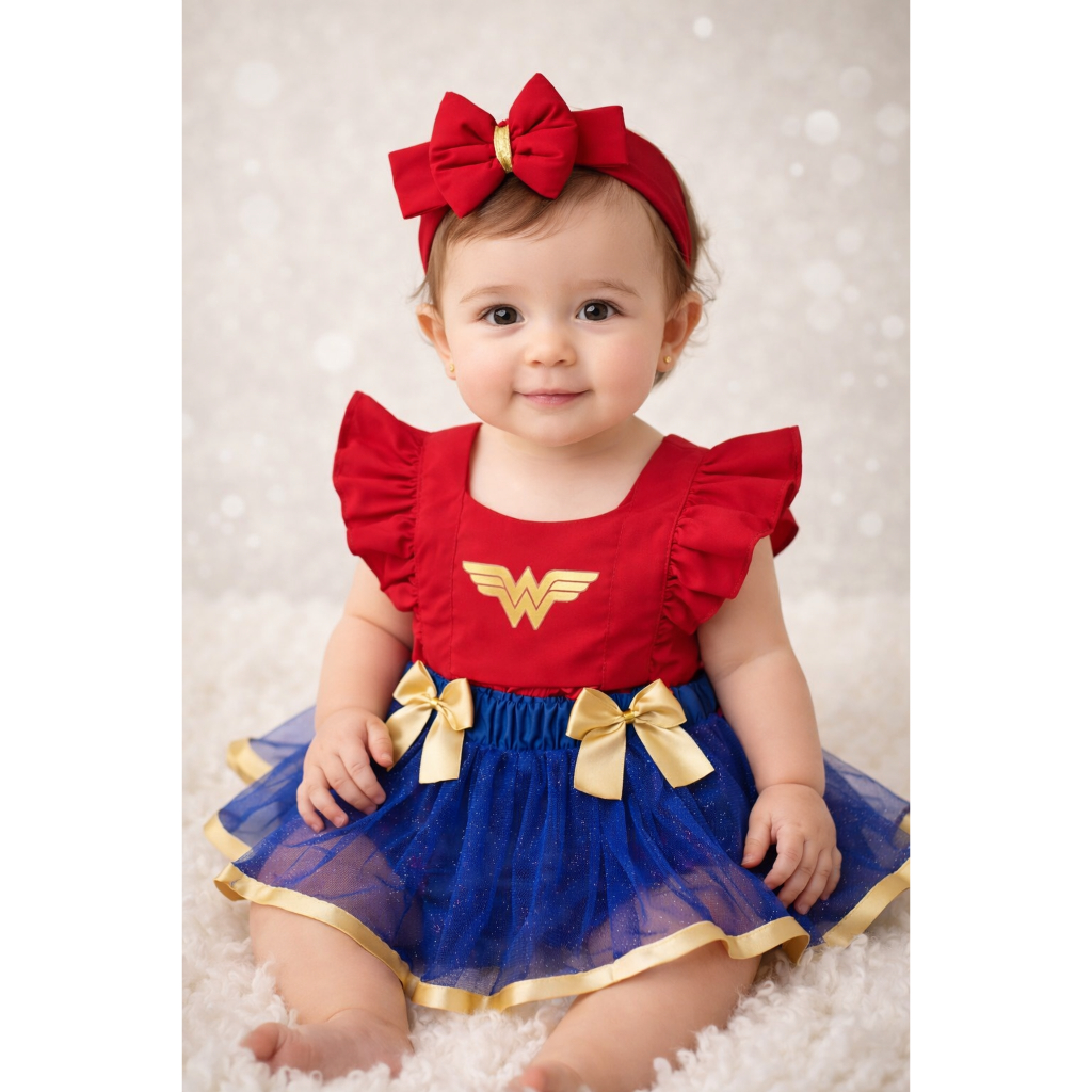 Jardineira Saia Fantasia Infantil Menina Bebe Mulher Maravilha Super Heroína Mesversário Laço