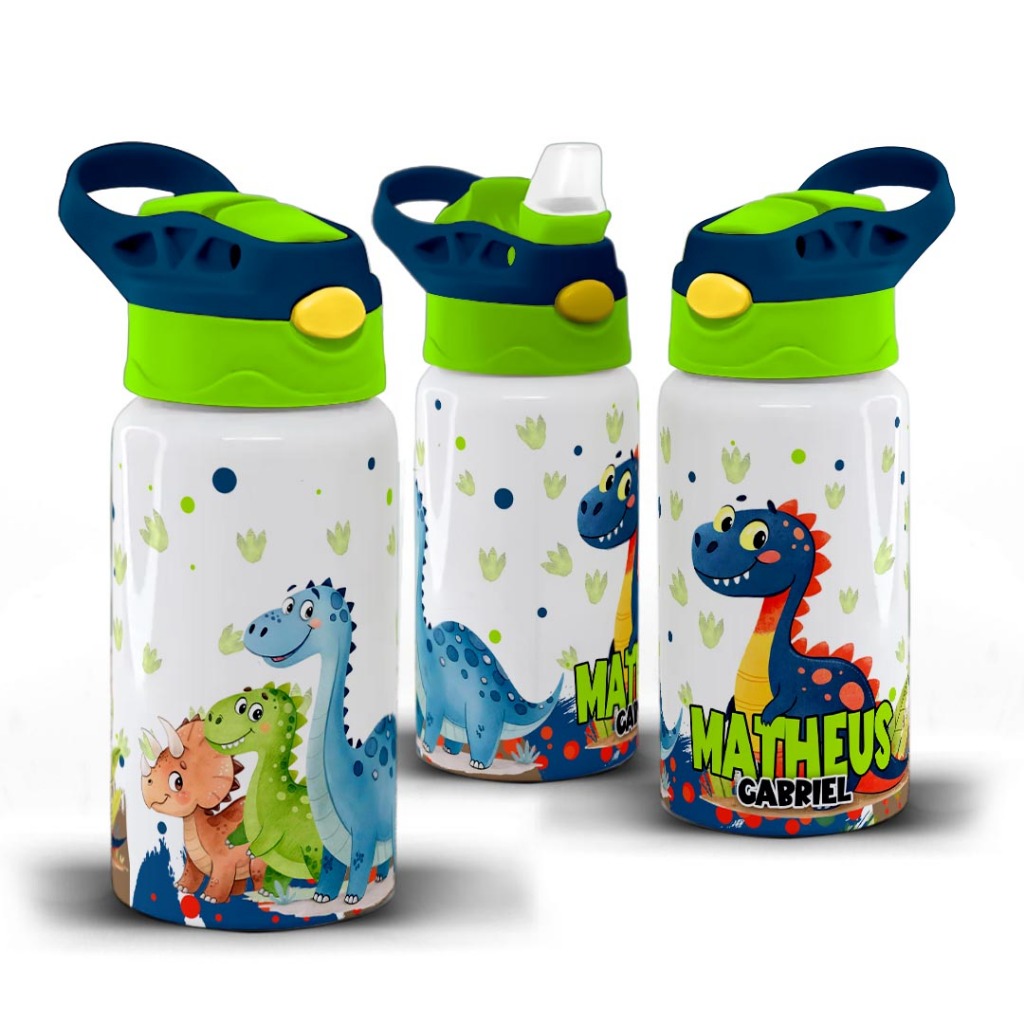Garrafinha Squeeze Infantil Alumínio Personalizada Tema Do Dinossauro - 500ml