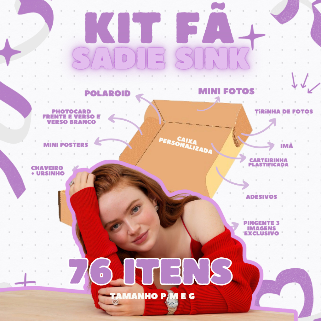 KIT FÃ SADIE SINK [O VIRALIZADO] - ATÉ 76 ITENS - PHOTOCARD • ADESIVOS • CHAVEIRO