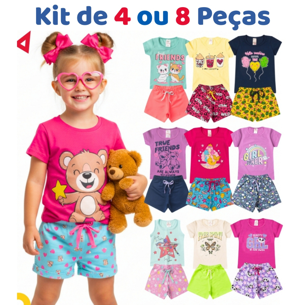 Kit de 4 ou 8 Peças Roupa Infantil Menina Verão Conjunto Feminino Criança