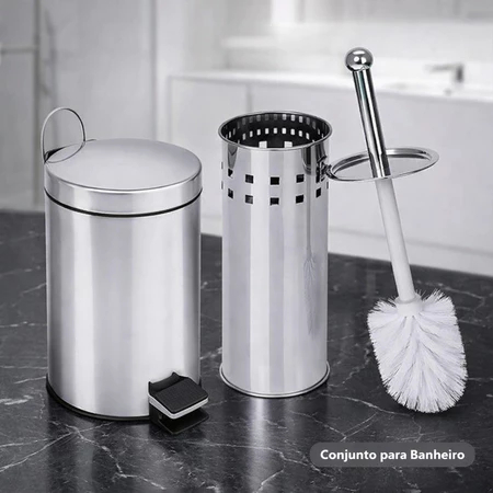 Kit Lixeira 3L Escova Sanitária e Suporte Elegante Banheiro Aço Inox Durável Lavável Cesto Removível