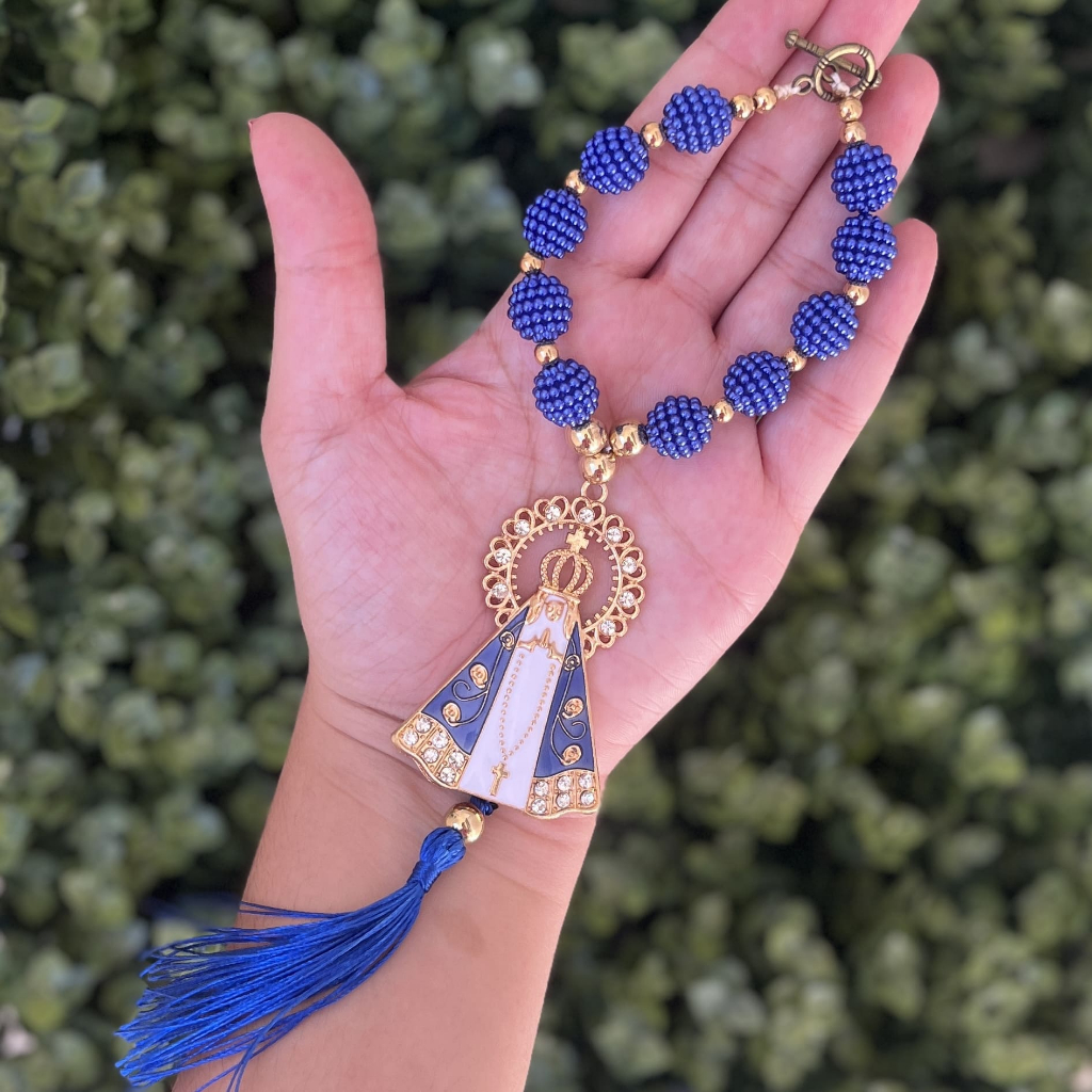 Terço Dezena Nossa Senhora Aparecida Azul - Retrovisor de carro pérola amora