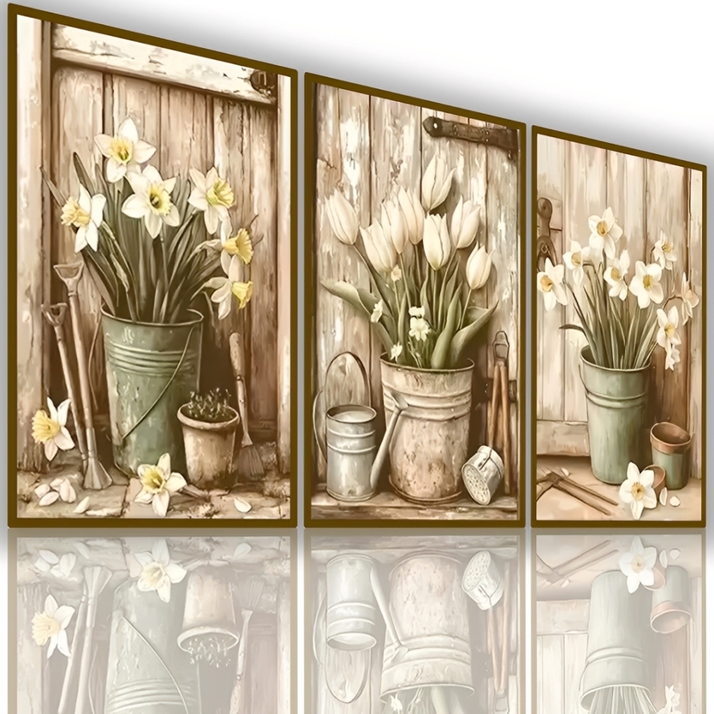 Kit 3 Peças Quadros Decorativos Para Cozinha Sala Vasos Flores Vintage Estilo Farmhouse Rústico em Oferta na Shopee