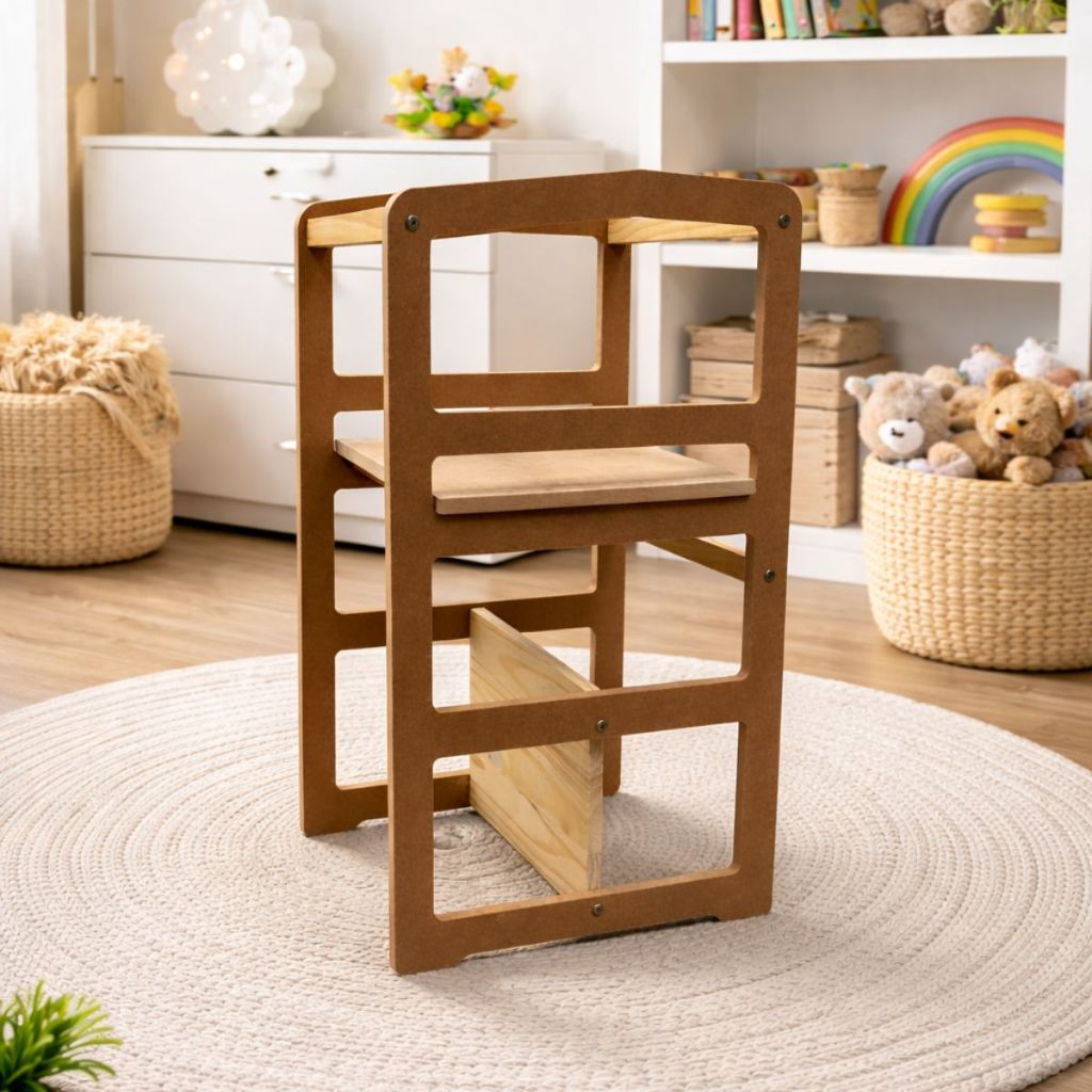 Torre Montessori 4 em 1 Infantil Torre de Aprendizagem MDF Cru Cadeirão Educativo