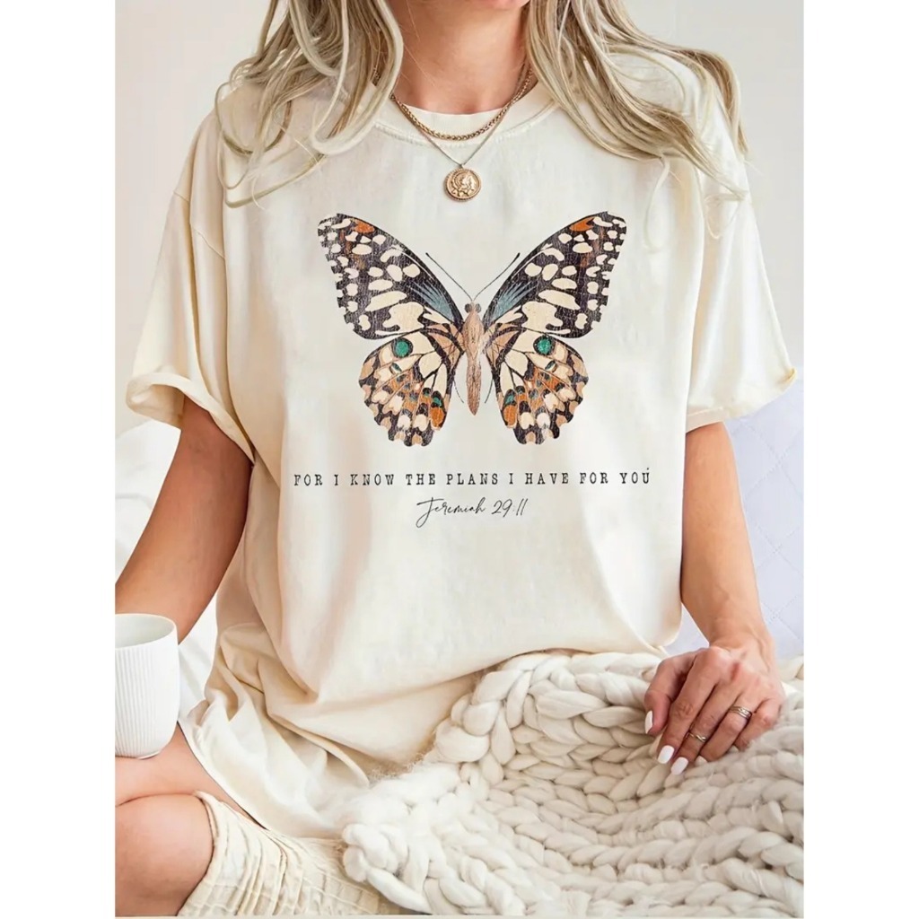 T-Shirt Feminina Camiseta Básica Estampa De Borboleta Religiosa Citação Bíblica Blusa 100% Algodão