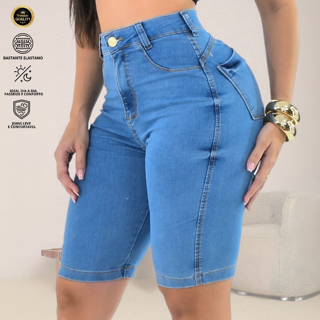 Bermuda  Jeans Feminina Ciclista Cintura Alta Com Elastano Empina Bumbum em Oferta na Shopee
