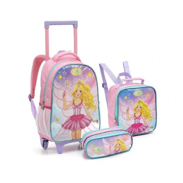 Mochila Escolar de Carrinho + Lancheira + Estojo Duplo Receba Capa de Chuva