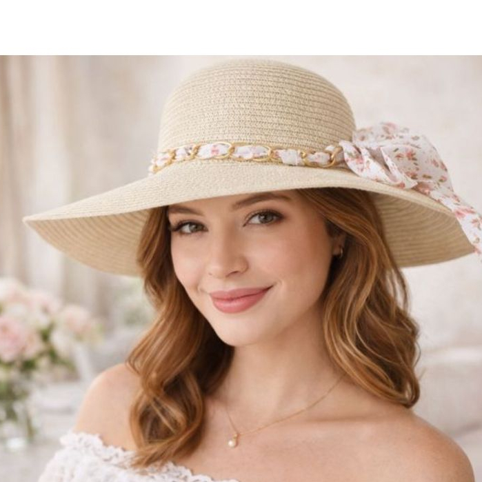 Chapéu Palha Feminino Praia Resort Aba Grande Laço Floral Elegante UV Verão 2026 em Oferta na Shopee