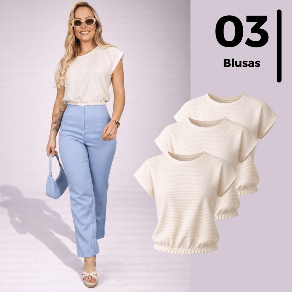 Kit 3 Blusa Feminina Soltinha Elástico Na Barra Malha Leve Confortável Casual Várias Cores Tendência