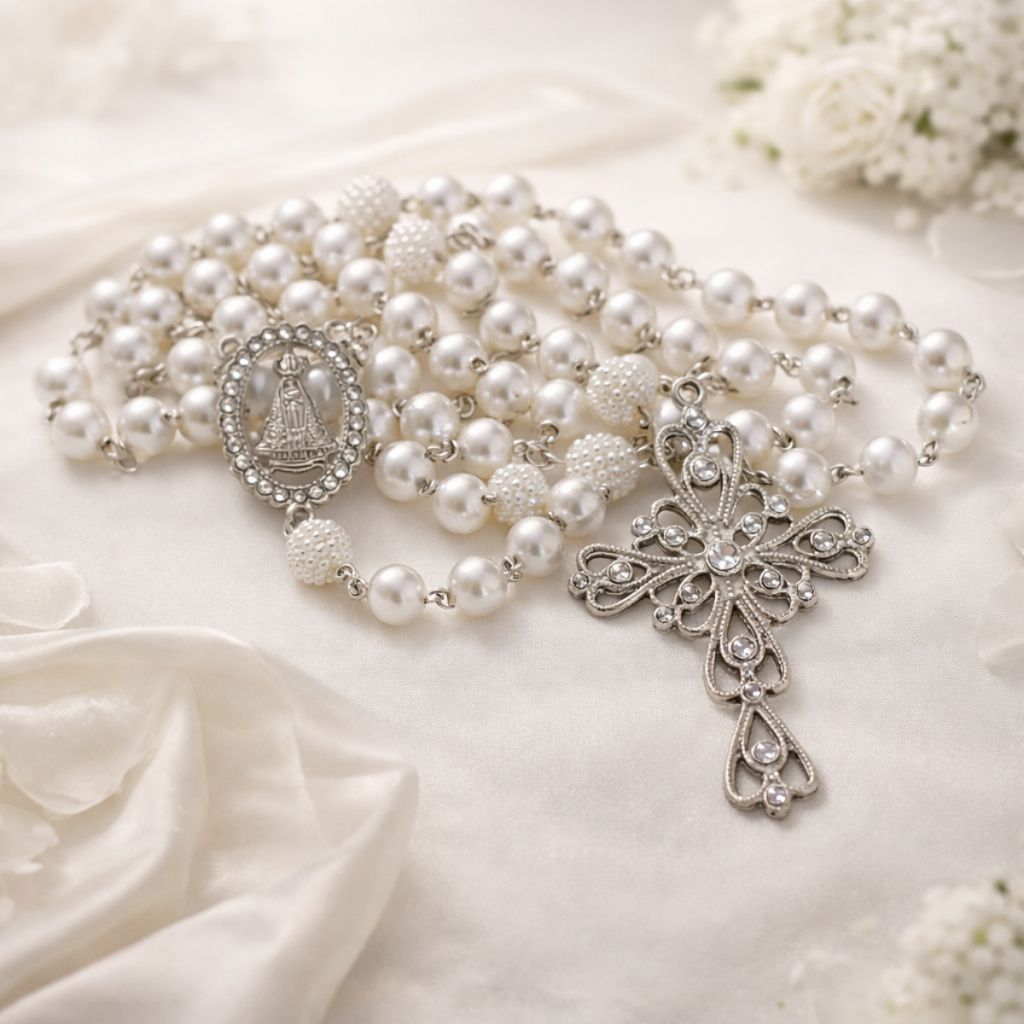 Terço Noiva Perolas Cor Prata Nossa Senhora Aparecida Luxo em Oferta na Shopee
