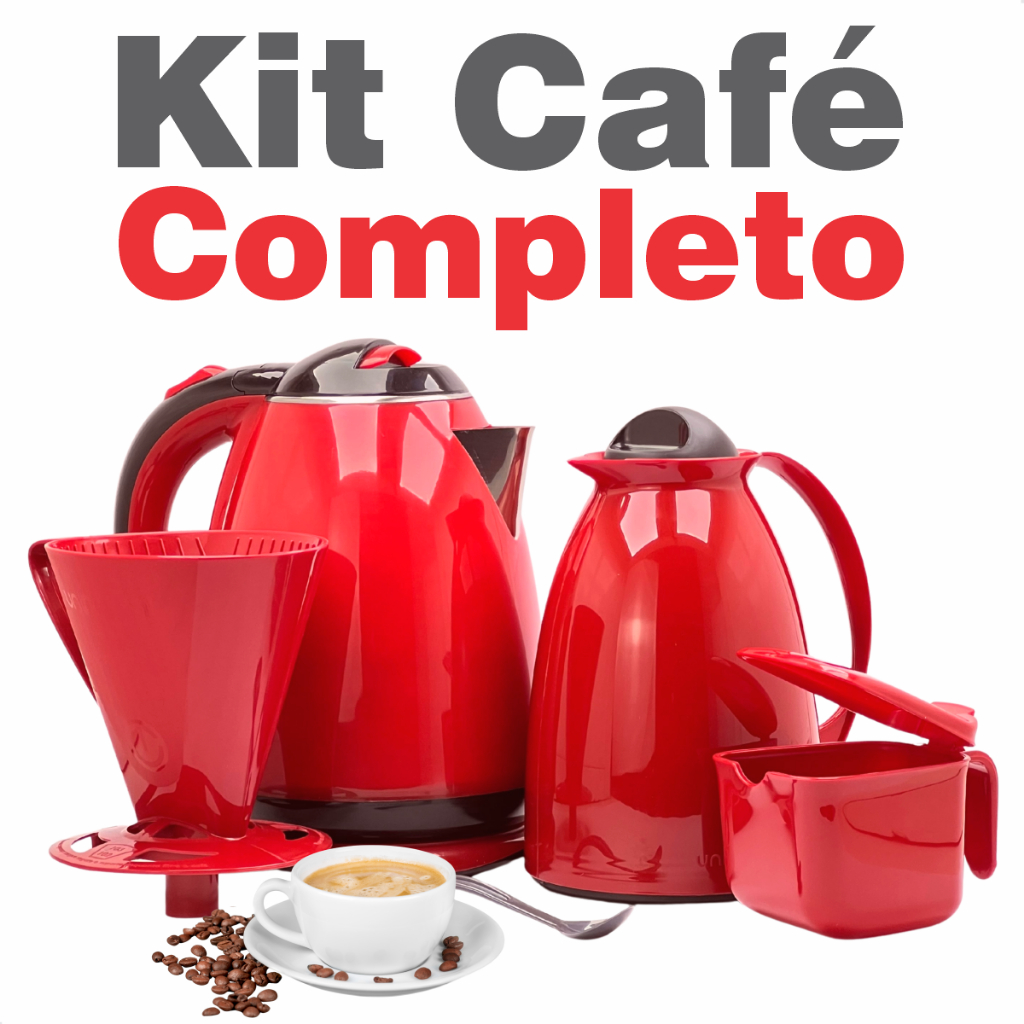 Kit Café Completo Garrafa Termica Chaleira Elétrica Porta Filtro Coador Açucareiro Vermelho em Oferta na Shopee