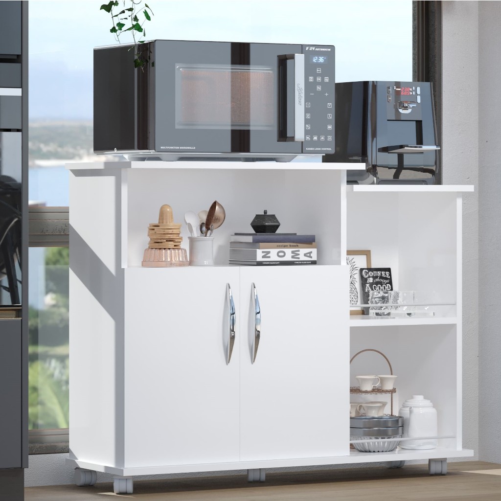 Armário Multiuso Para Cozinha Branco Com Nichos e Rodízios