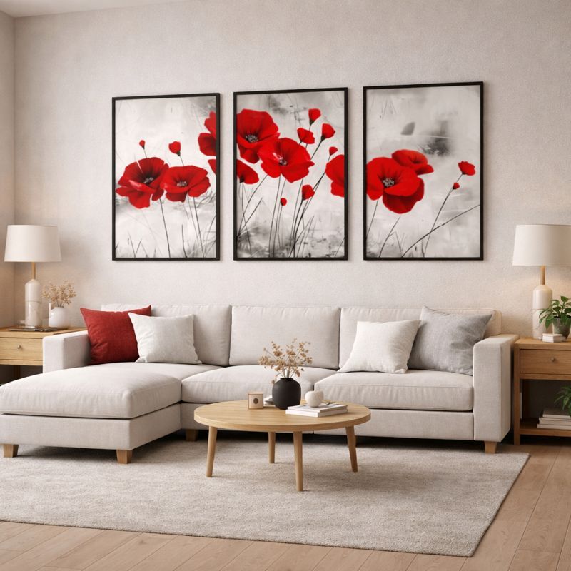Kit Quadros Decorativos Para Sala Grande Flor Papoula Vermelha 120x60 Com Moldura Floral