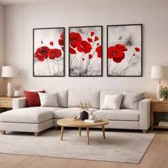 Kit Quadros Decorativos Para Sala Grande Flor Papoula Vermelha 120x60 Com Moldura Floral