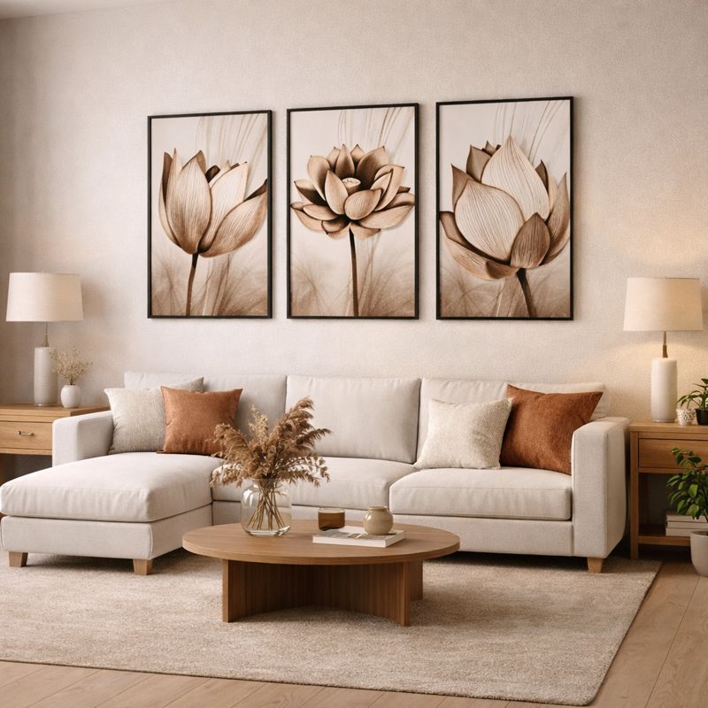 Kit 3 Quadros Decorativos Moldura Sala Quarto Moderno Flores Ton Cobre Gold