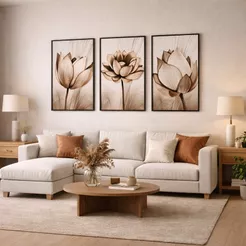 Kit 3 Quadros Decorativos Moldura Sala Quarto Moderno Flores Ton Cobre Gold