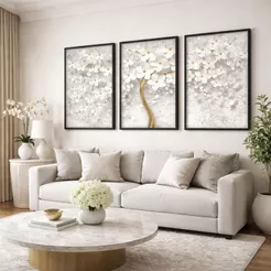 Quadro Decorativo Árvore Cerejeira Branca Dourado 3 Peças 40x60 cm Moldura Grande Sala Quarto Flores