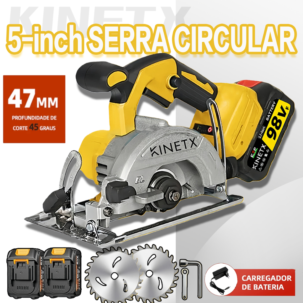 Serra Circular Sem Fio Recarregável E Portátil 2 Bateria 98Vf 125mm 11000 RPM
