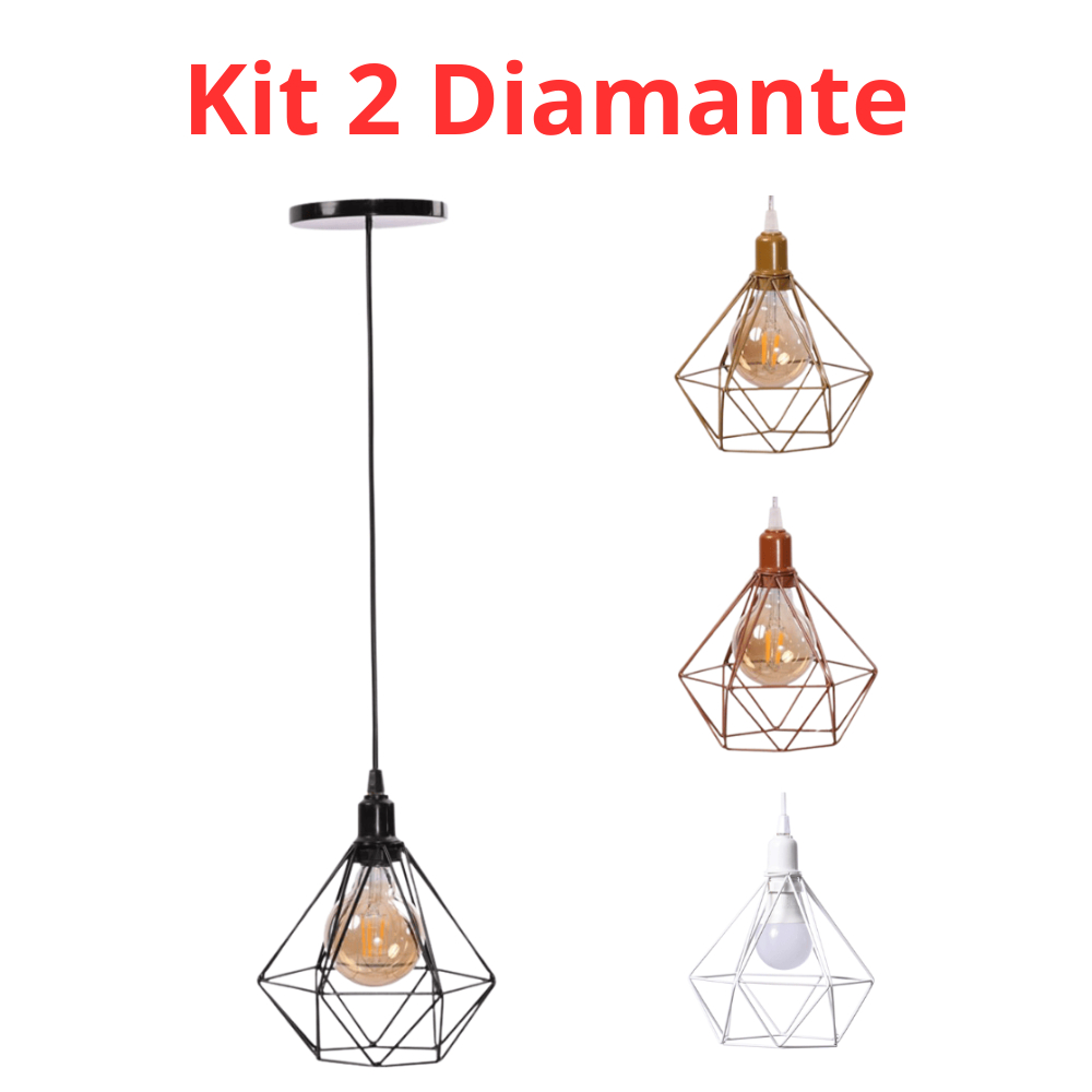 Kit 2 Pendentes Aramado Diamante Industrial – Preto Dourado Cobre Branco, Cabo Regulável 1m