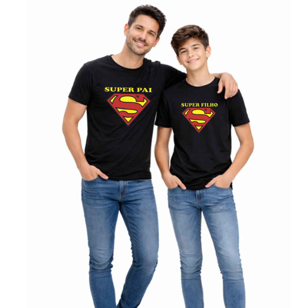 Kit Camiseta Pai e Filho Super Pai Super Filho Camisa Algodão Tal pai Tal filho Preta